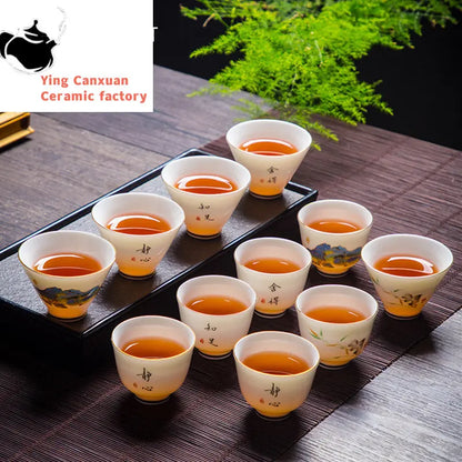 Boutique Suet Jade Ceramics Teacup Travel Meditation Cup Personal Tea Bowl Handmade Tea set Accessories Pu'er Master Cup