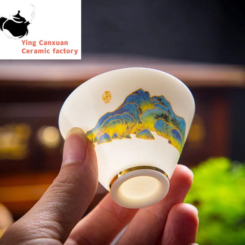 Boutique Suet Jade Ceramics Teacup Travel Meditation Cup Personal Tea Bowl Handmade Tea set Accessories Pu'er Master Cup