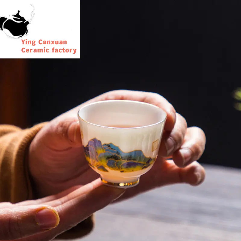 Boutique Suet Jade Ceramics Teacup Travel Meditation Cup Personal Tea Bowl Handmade Tea set Accessories Pu'er Master Cup
