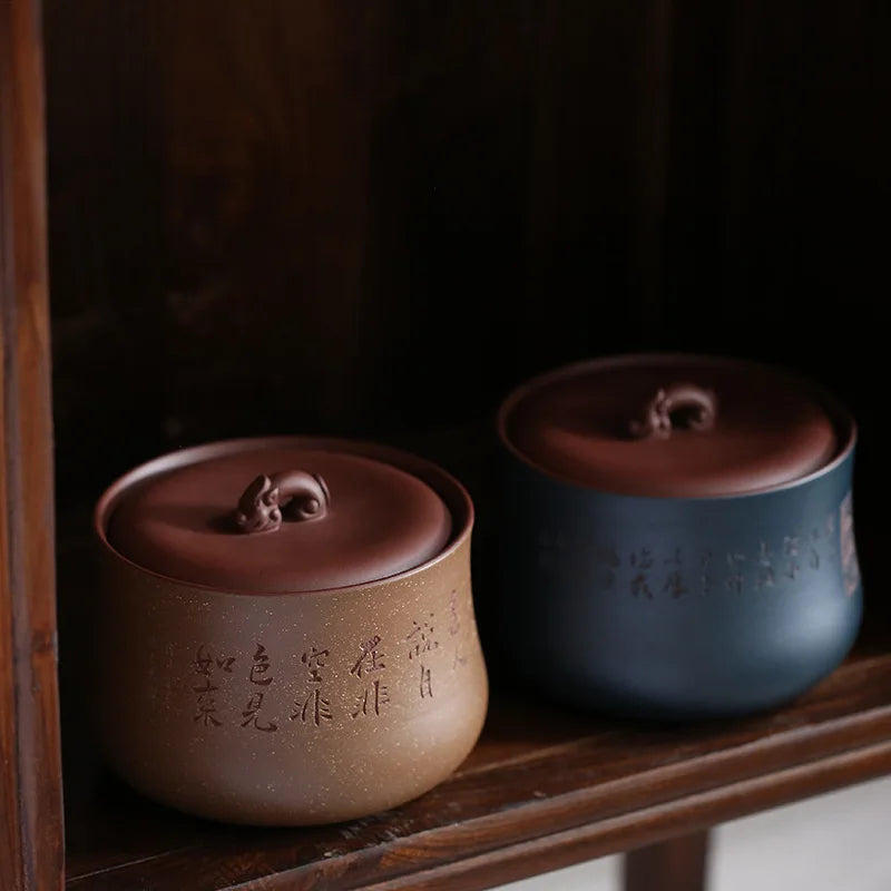 Boutique Tea Canister Traditional Craft Hand Carved Chinese Character Jar Sealed With Lid True Yixing Zisha Holder For Loose tea