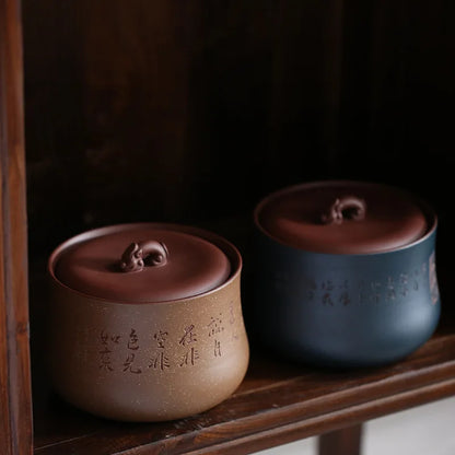 Boutique Tea Canister Traditional Craft Hand Carved Chinese Character Jar Sealed With Lid True Yixing Zisha Holder For Loose tea