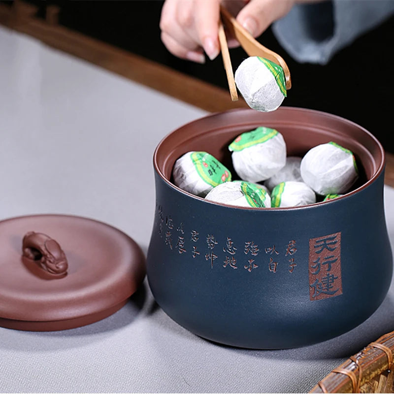 Boutique Tea Canister Traditional Craft Hand Carved Chinese Character Jar Sealed With Lid True Yixing Zisha Holder For Loose tea