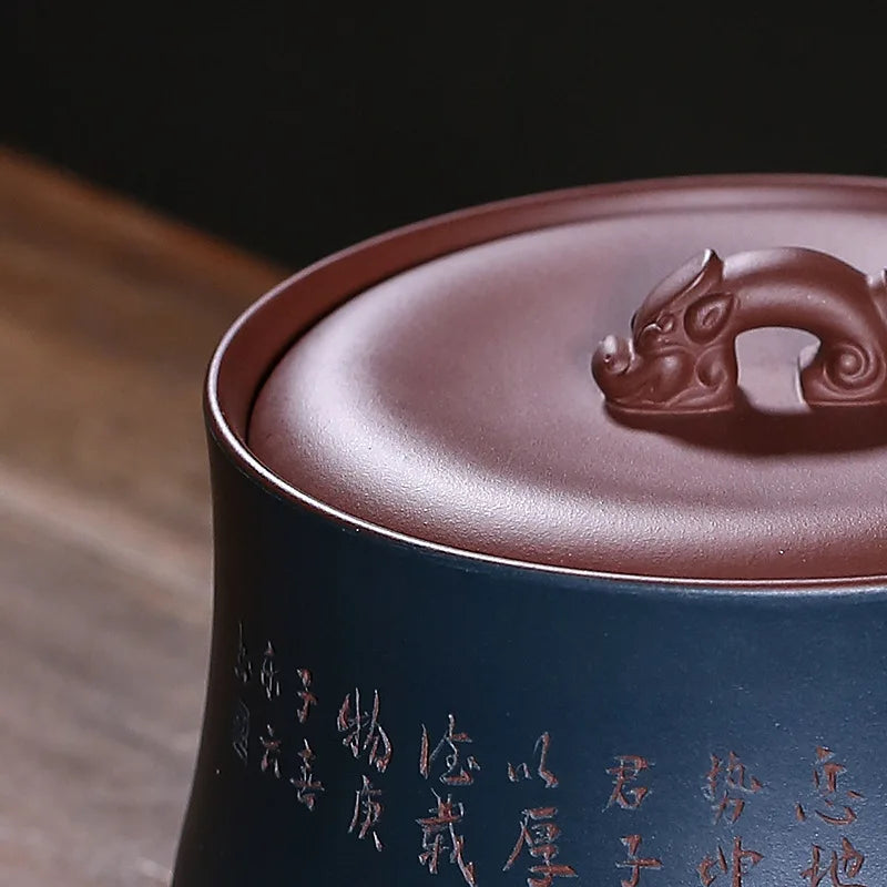 Boutique Tea Canister Traditional Craft Hand Carved Chinese Character Jar Sealed With Lid True Yixing Zisha Holder For Loose tea