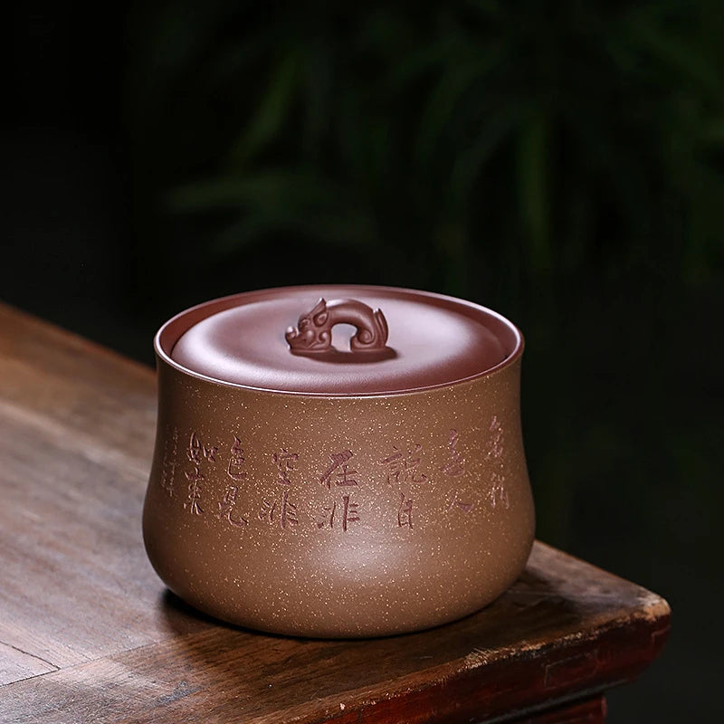 Boutique Tea Canister Traditional Craft Hand Carved Chinese Character Jar Sealed With Lid True Yixing Zisha Holder For Loose tea