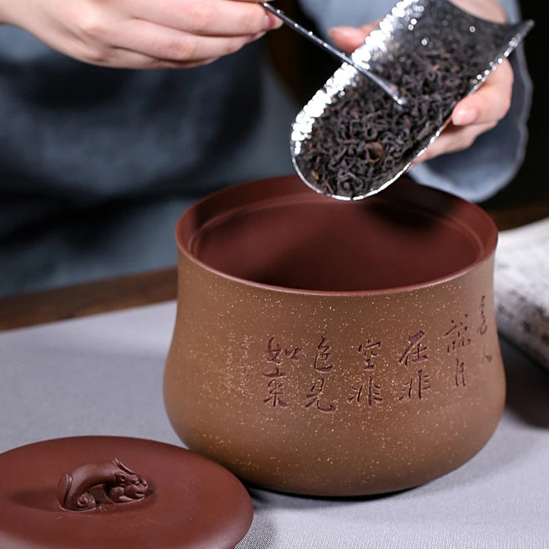 Boutique Tea Canister Traditional Craft Hand Carved Chinese Character Jar Sealed With Lid True Yixing Zisha Holder For Loose tea