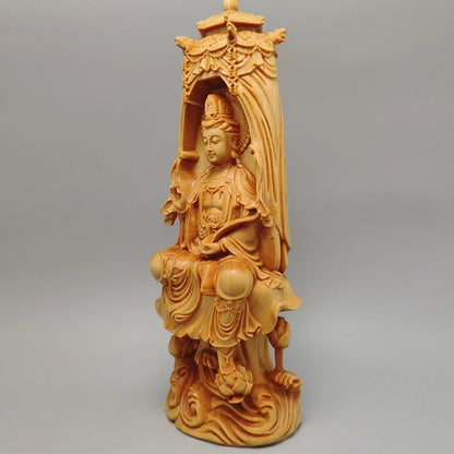 BoxWood/Thuja Woood 18cm Guanyin Real Wood Traditional Chinese Myth Figure Statue Office Decoration Collection Sculpture
