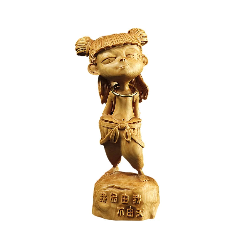 Boxwood 10 12 15cm Nezha Sculpture Buddha Central Altar Marshal Lotus Third Prince Wood Statue Home Decor