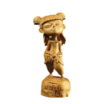 Boxwood 10 12 15cm Nezha Sculpture Buddha Central Altar Marshal Lotus Third Prince Wood Statue Home Decor