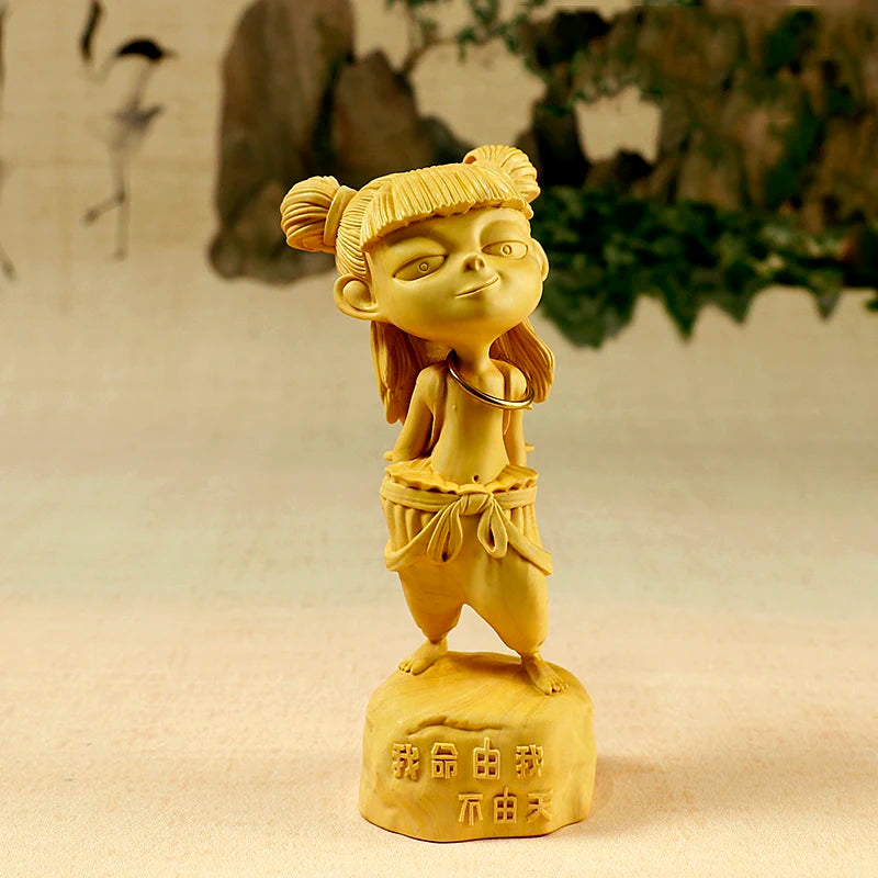 Boxwood 10 12 15cm Nezha Sculpture Buddha Central Altar Marshal Lotus Third Prince Wood Statue Home Decor
