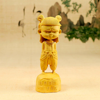 Boxwood 10 12 15cm Nezha Sculpture Buddha Central Altar Marshal Lotus Third Prince Wood Statue Home Decor