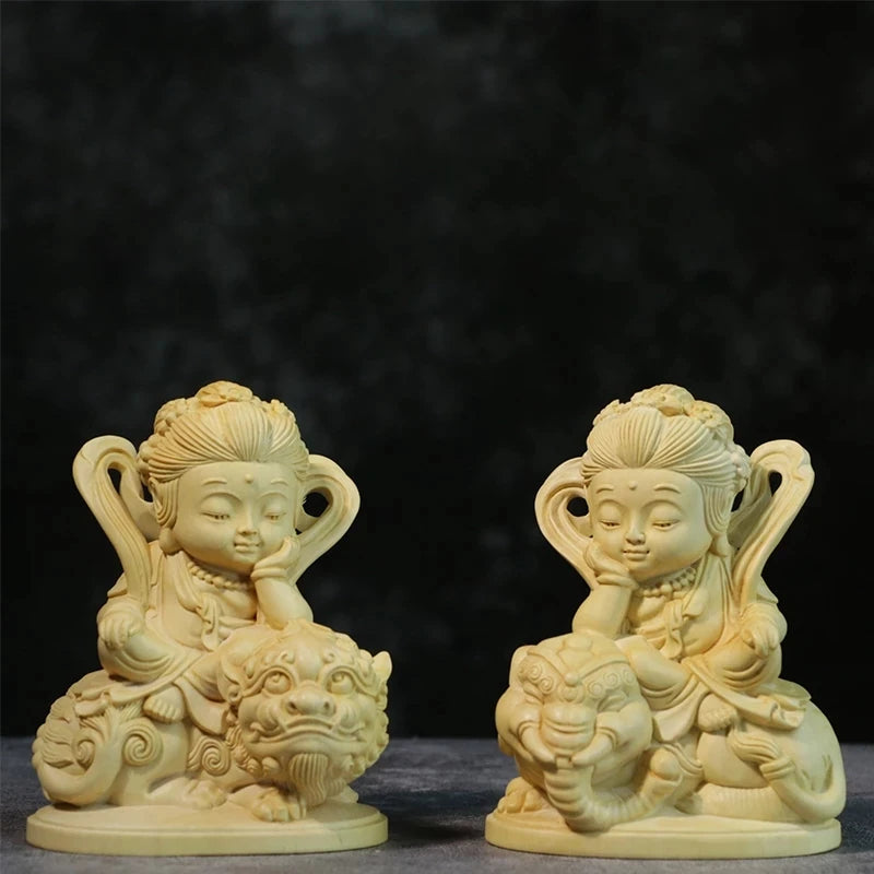 Boxwood 10CM Manjusri Samantabhadra Sculpture Wood Carving Buddha Statue Bodhisattva Home Decor