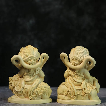 Boxwood 10CM Manjusri Samantabhadra Sculpture Wood Carving Buddha Statue Bodhisattva Home Decor