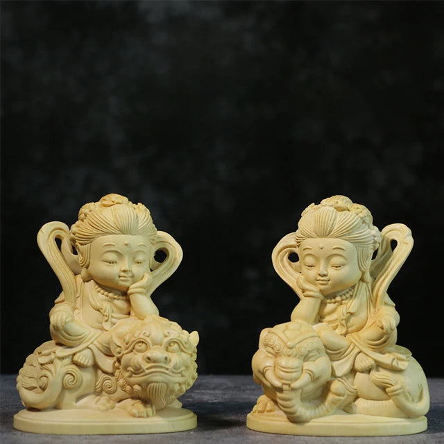 Boxwood 10CM Manjusri Samantabhadra Sculpture Wood Carving Buddha Statue Bodhisattva Home Decor