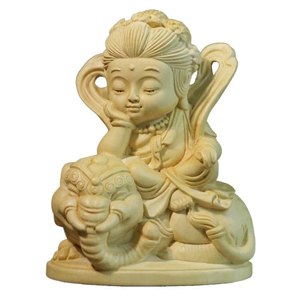 Boxwood 10CM Manjusri Samantabhadra Sculpture Wood Carving Buddha Statue Bodhisattva Home Decor