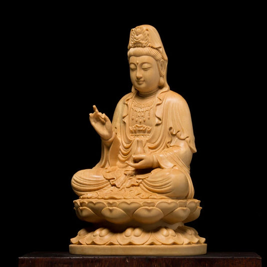 Boxwood 10cm 13cm Guanyin Sculpture Buddhism Wood Sitting Lotus Guan Yin Statue Home Decor