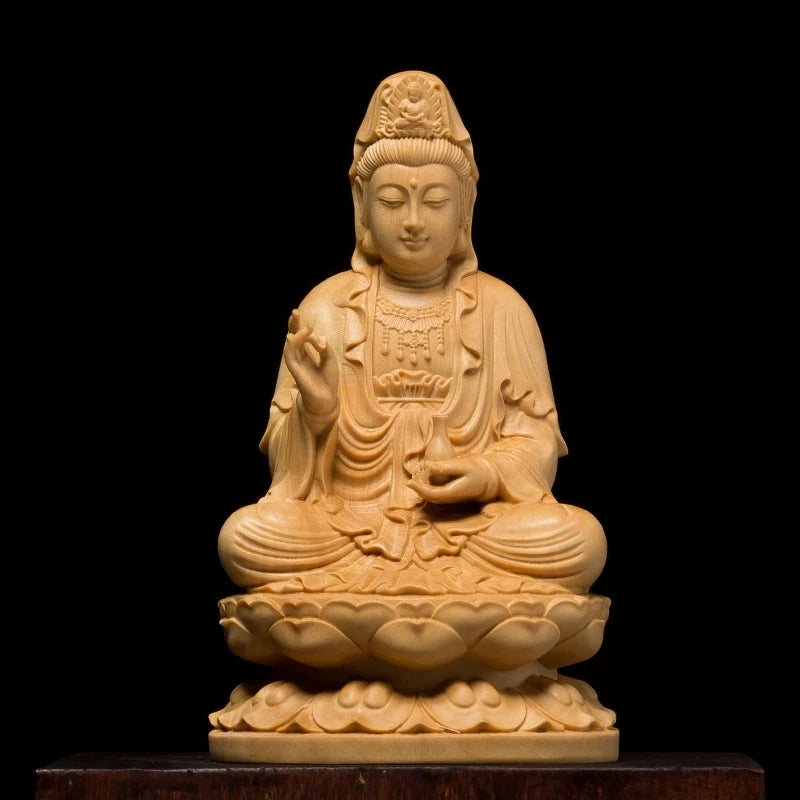 Boxwood 10cm 13cm Guanyin Sculpture Buddhism Wood Sitting Lotus Guan Yin Statue Home Decor