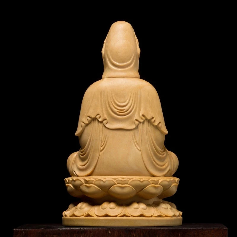 Boxwood 10cm 13cm Guanyin Sculpture Buddhism Wood Sitting Lotus Guan Yin Statue Home Decor