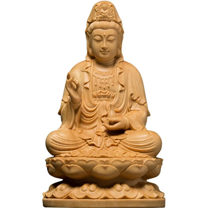 Boxwood 10cm 13cm Guanyin Sculpture Buddhism Wood Sitting Lotus Guan Yin Statue Home Decor