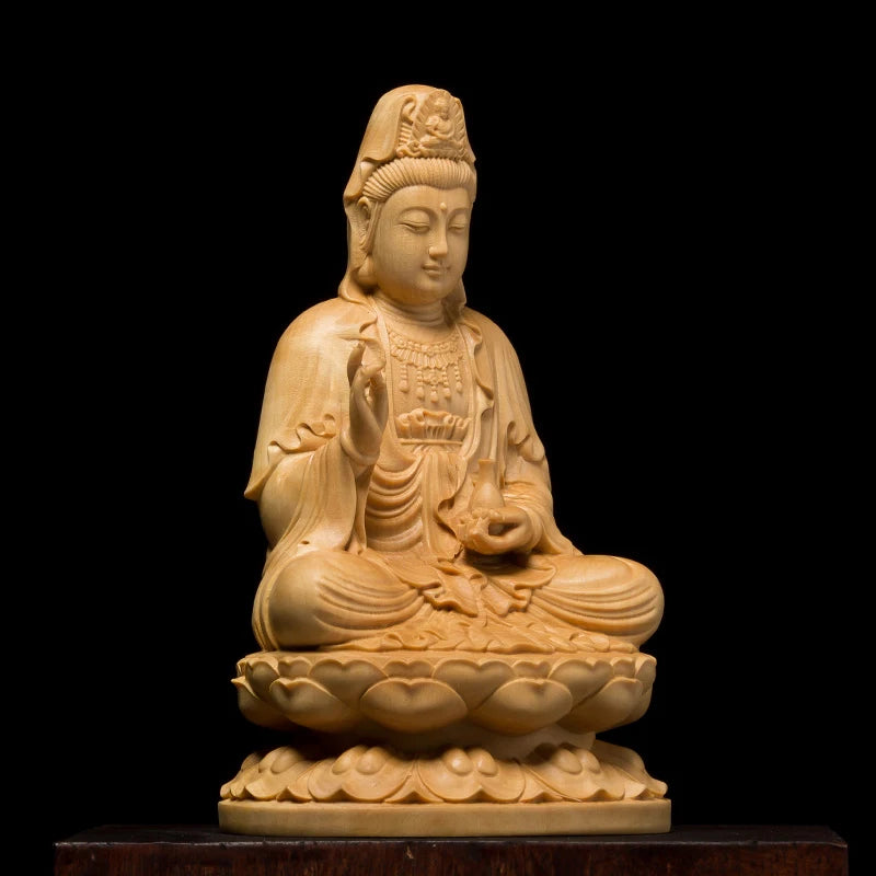 Boxwood 10cm 13cm Guanyin Sculpture Buddhism Wood Sitting Lotus Guan Yin Statue Home Decor
