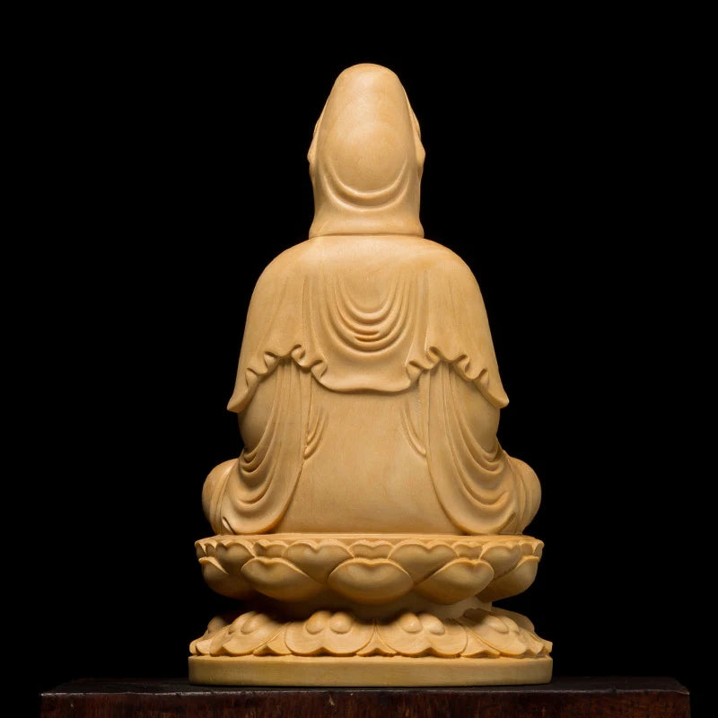 Boxwood 10cm 13cm Guanyin Sculpture Buddhism Wood Sitting Lotus Guan Yin Statue Home Decor