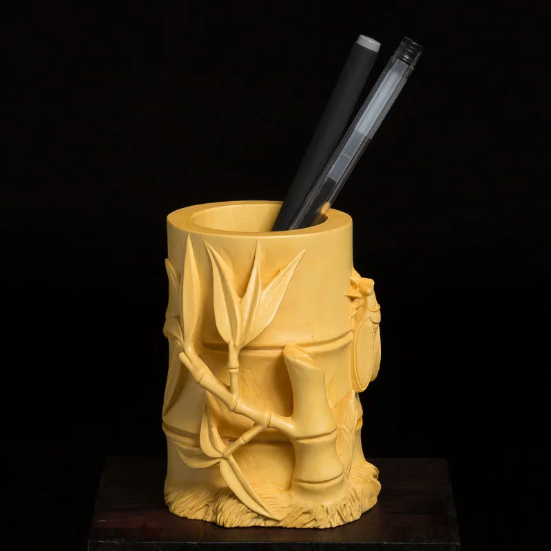 Boxwood 10cm Bamboo Pen Holder Sculpture Wood Carving Chinese Study Statue Home Decor