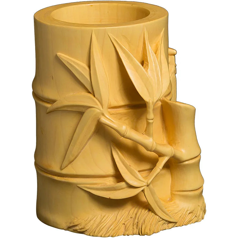 Boxwood 10cm Bamboo Pen Holder Sculpture Wood Carving Chinese Study Statue Home Decor