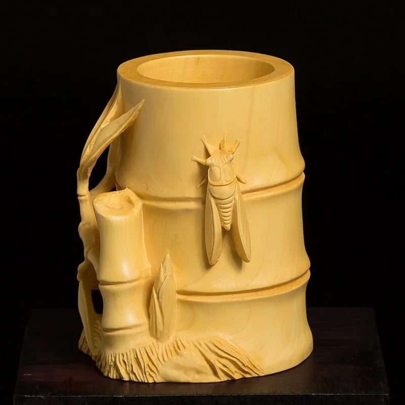 Boxwood 10cm Bamboo Pen Holder Sculpture Wood Carving Chinese Study Statue Home Decor