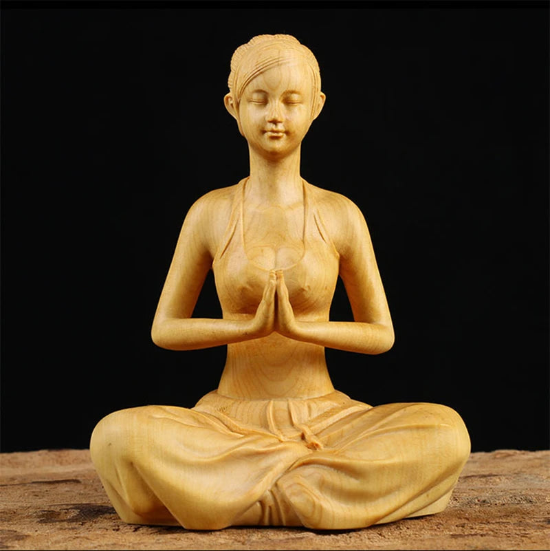 Boxwood 10cm Beauty Sculpture Wood Carving Yoga Girl Statue Feng Shui Home Decor