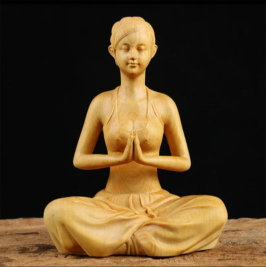 Boxwood 10cm Beauty Sculpture Wood Carving Yoga Girl Statue Feng Shui Home Decor