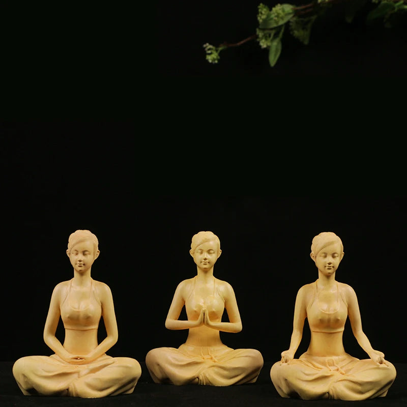 Boxwood 10cm Beauty Sculpture Wood Carving Yoga Girl Statue Feng Shui Home Decor