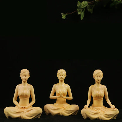 Boxwood 10cm Beauty Sculpture Wood Carving Yoga Girl Statue Feng Shui Home Decor