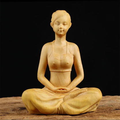 Boxwood 10cm Beauty Sculpture Wood Carving Yoga Girl Statue Feng Shui Home Decor