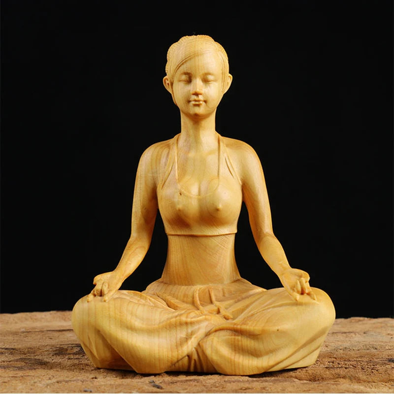 Boxwood 10cm Beauty Sculpture Wood Carving Yoga Girl Statue Feng Shui Home Decor