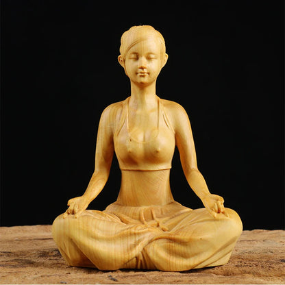 Boxwood 10cm Beauty Sculpture Wood Carving Yoga Girl Statue Feng Shui Home Decor