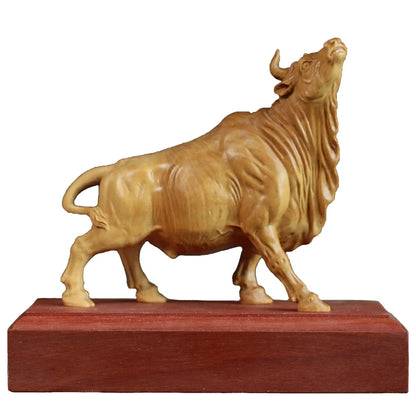 Boxwood 10cm Bull Sculpture Chinese Zodiac Wood Carving Ox Animal Statue Lucky Rich Cattle Home Decor