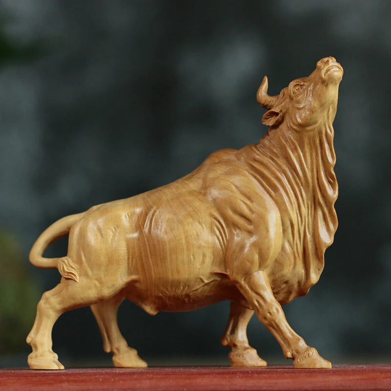 Boxwood 10cm Bull Sculpture Chinese Zodiac Wood Carving Ox Animal Statue Lucky Rich Cattle Home Decor