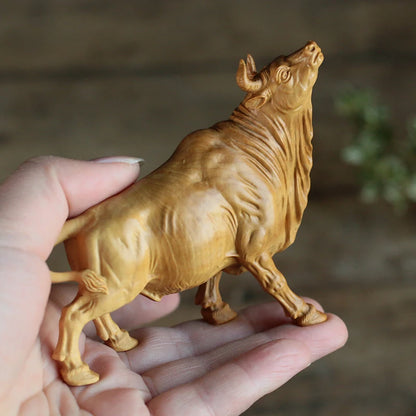 Boxwood 10cm Bull Sculpture Chinese Zodiac Wood Carving Ox Animal Statue Lucky Rich Cattle Home Decor
