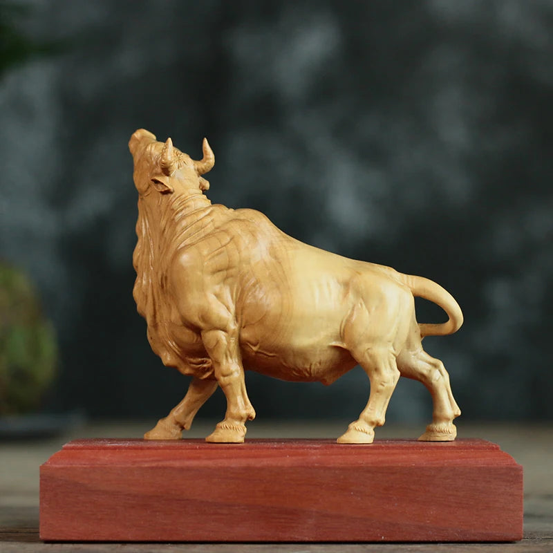 Boxwood 10cm Bull Sculpture Chinese Zodiac Wood Carving Ox Animal Statue Lucky Rich Cattle Home Decor