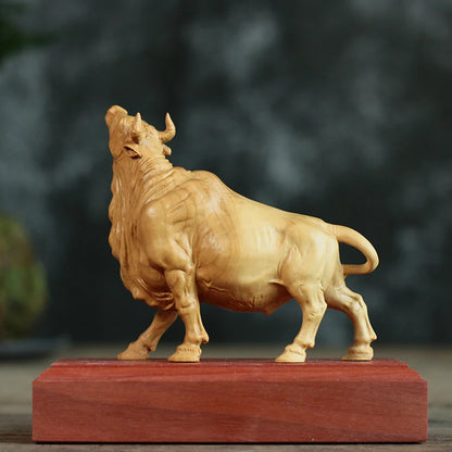 Boxwood 10cm Bull Sculpture Chinese Zodiac Wood Carving Ox Animal Statue Lucky Rich Cattle Home Decor