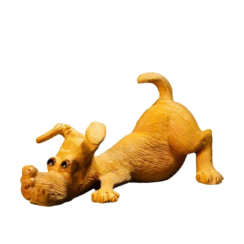 Boxwood 10cm Dachshund Sculpture Mini Dog Wood Animal Statue Lucky Puppy Home Decoration