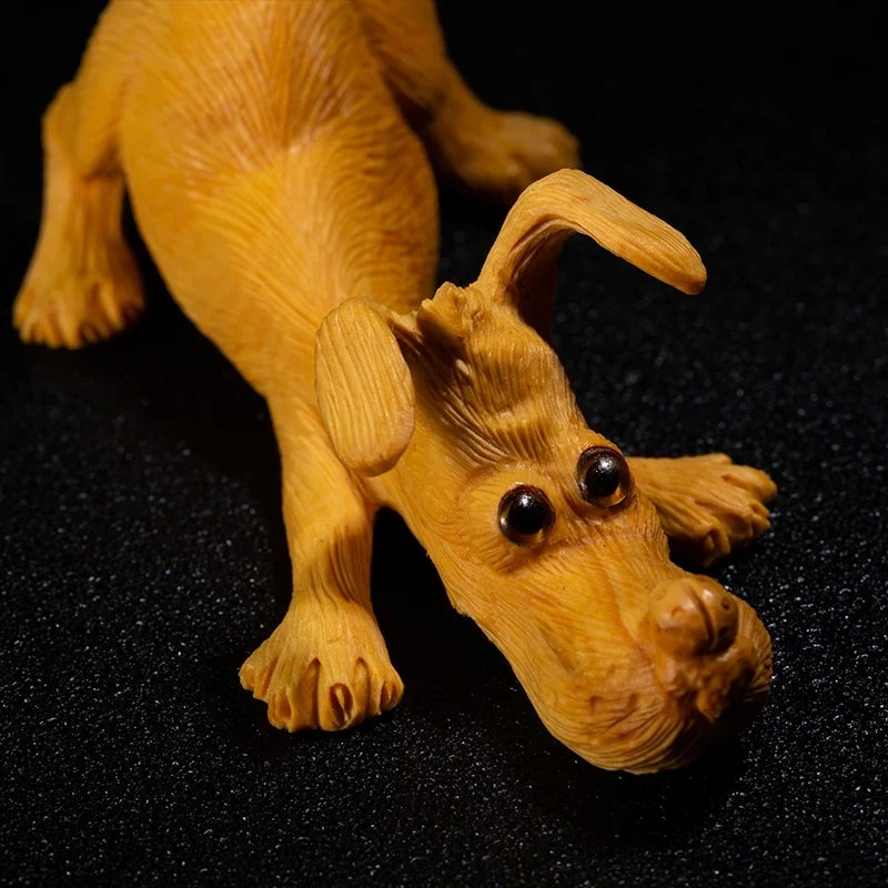 Boxwood 10cm Dachshund Sculpture Mini Dog Wood Animal Statue Lucky Puppy Home Decoration