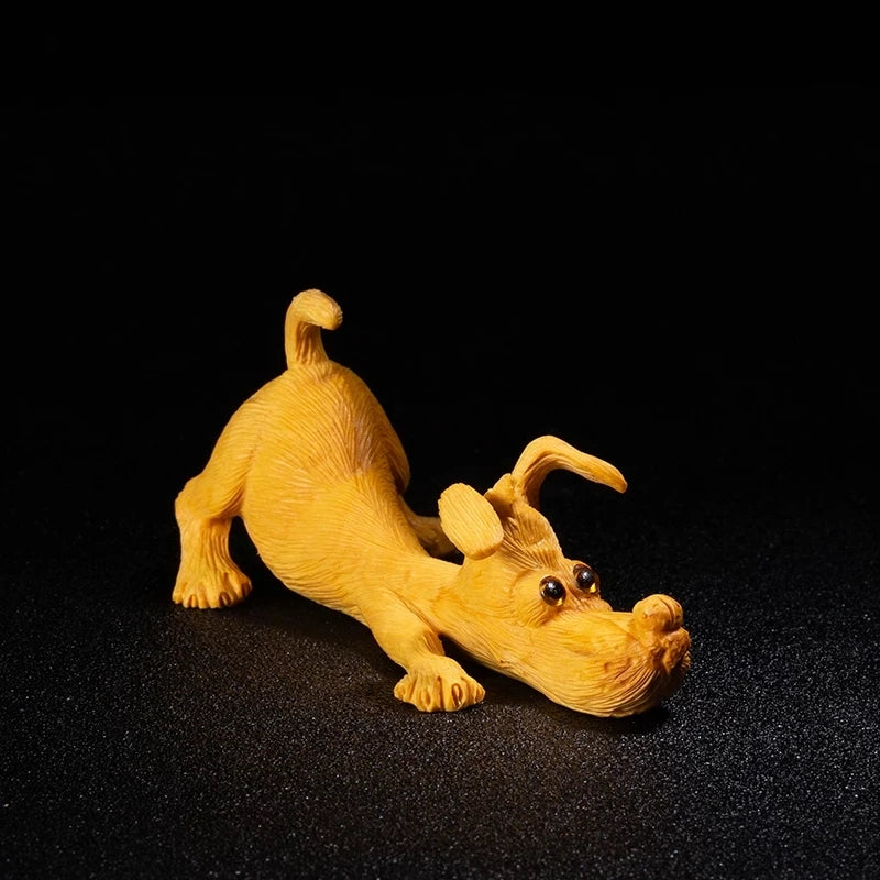 Boxwood 10cm Dachshund Sculpture Mini Dog Wood Animal Statue Lucky Puppy Home Decoration