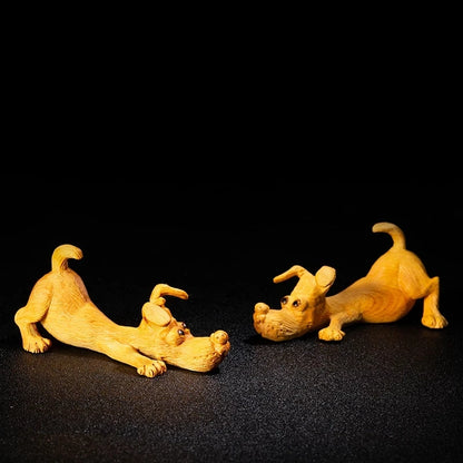 Boxwood 10cm Dachshund Sculpture Mini Dog Wood Animal Statue Lucky Puppy Home Decoration
