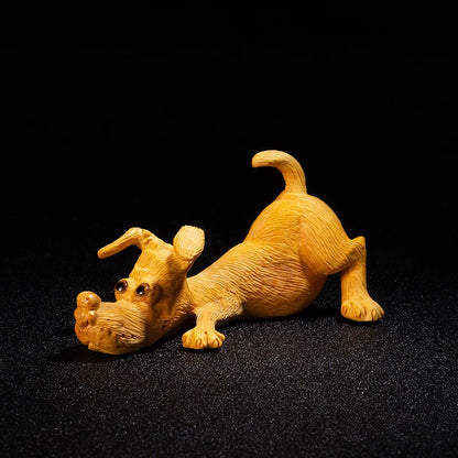 Boxwood 10cm Dachshund Sculpture Mini Dog Wood Animal Statue Lucky Puppy Home Decoration