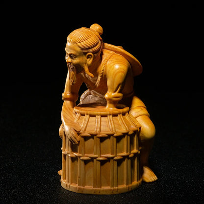 Boxwood 10cm Fisherman Sculpture Chinese Culture Traditional Wood Carving Figure Statue Home Decor