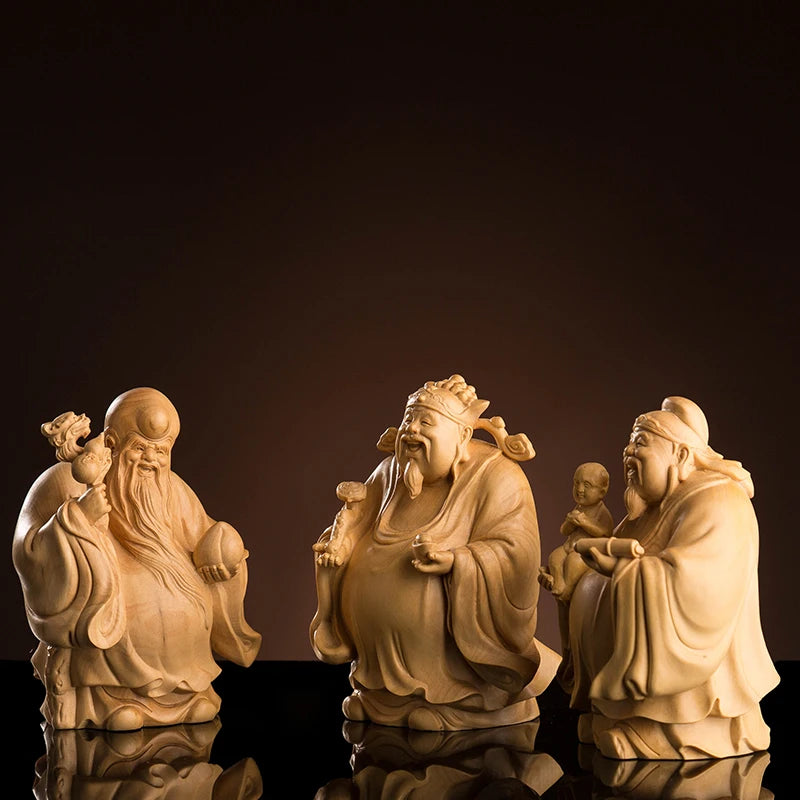 Boxwood 10cm Fu Lu Shou Sculpture Three Stars Gods of Longevity Blessing Rich Wood Buddha Statue Home Decor