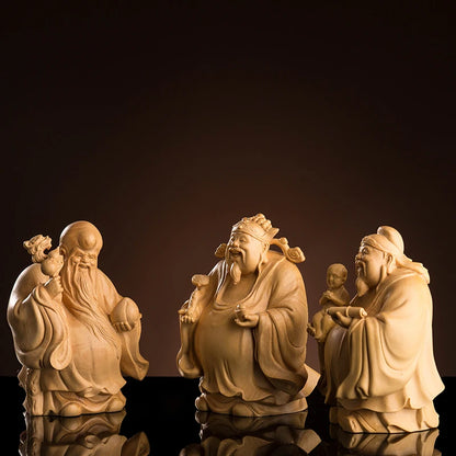 Boxwood 10cm Fu Lu Shou Sculpture Three Stars Gods of Longevity Blessing Rich Wood Buddha Statue Home Decor