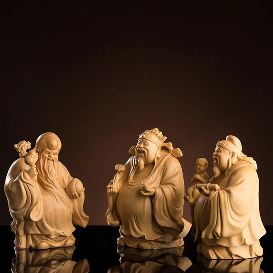 Boxwood 10cm Fu Lu Shou Sculpture Three Stars Gods of Longevity Blessing Rich Wood Buddha Statue Home Decor