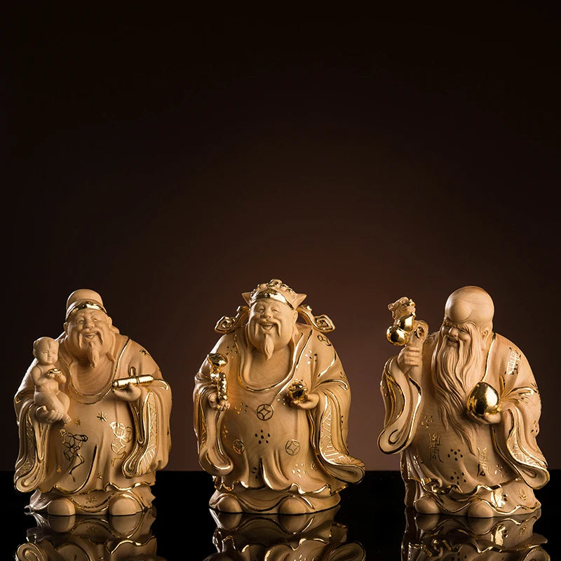 Boxwood 10cm Fu Lu Shou Sculpture Three Stars Gods of Longevity Blessing Rich Wood Buddha Statue Home Decor