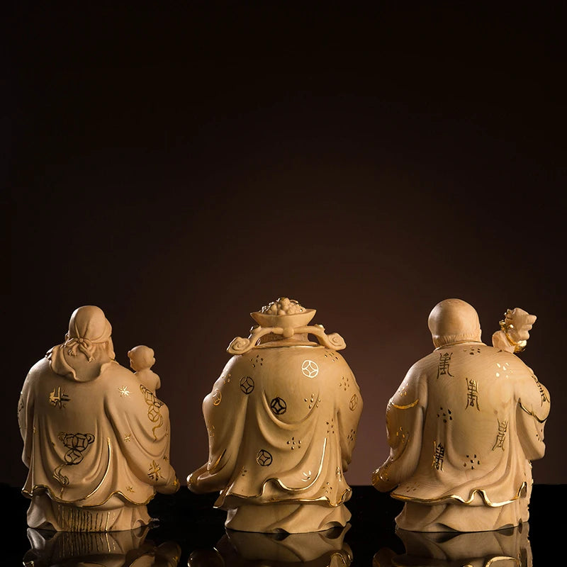 Boxwood 10cm Fu Lu Shou Sculpture Three Stars Gods of Longevity Blessing Rich Wood Buddha Statue Home Decor